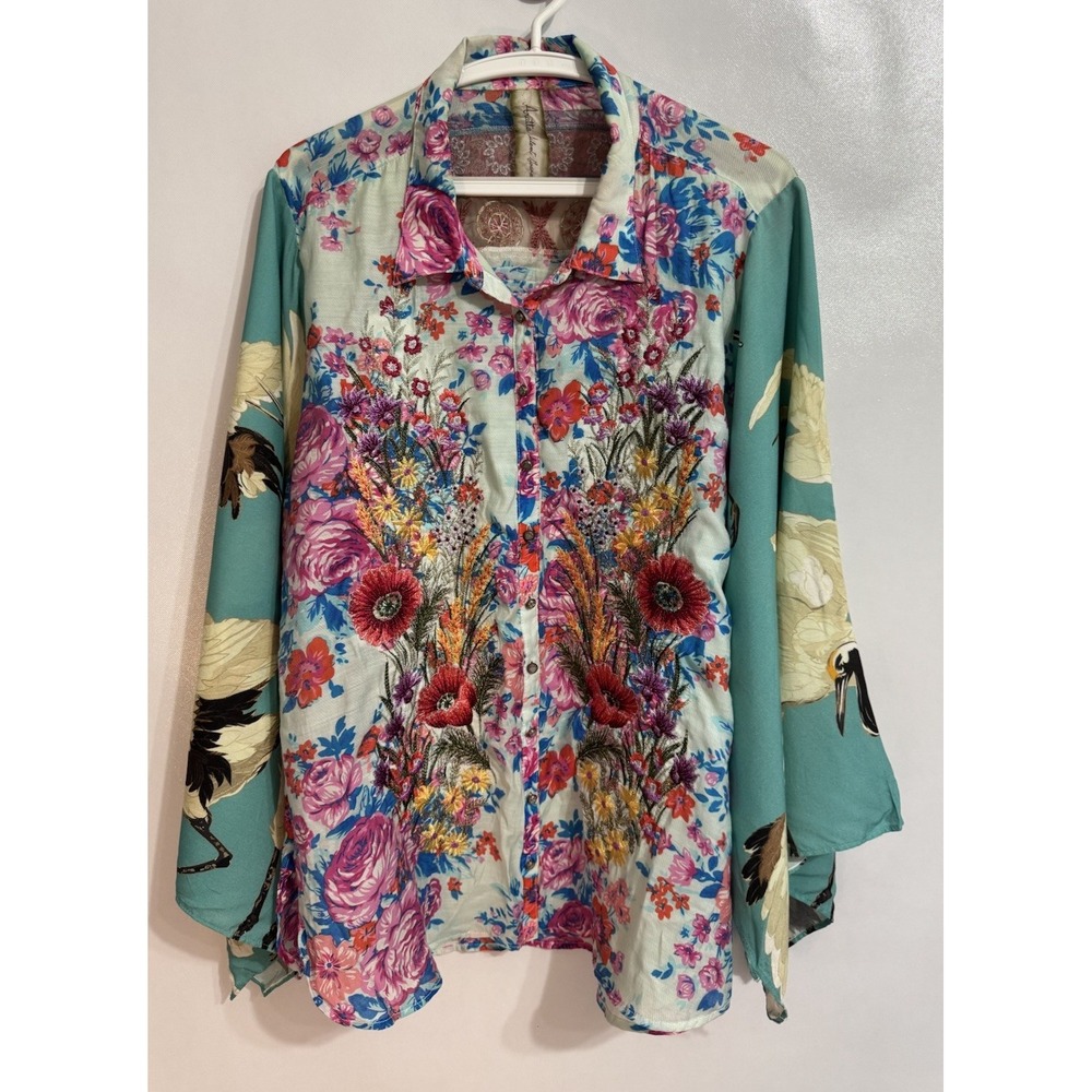 Aratta Silent Journey XL Embroidered Floral Button Front Blouse Kimono Sleeves